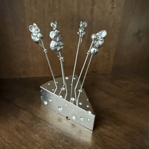 Elegance Silverplated Appetizer Picks Set Mice In Cheese Wedge 7 Pieces-Read